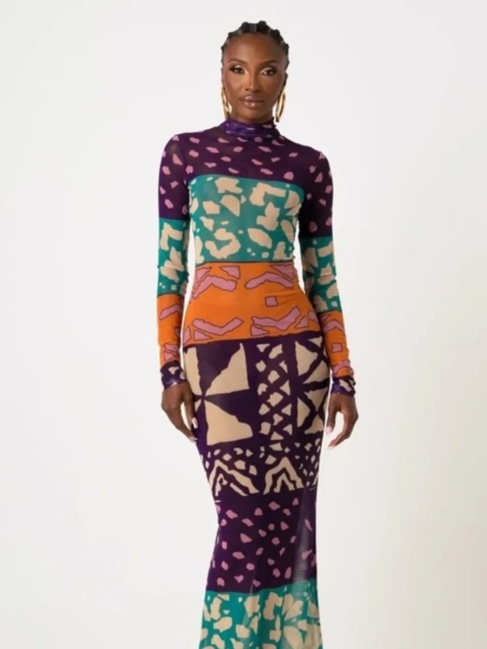 Shakara by OFUURE “Anu” Purple Abstract African Print Long Sleeve Maxi Dress